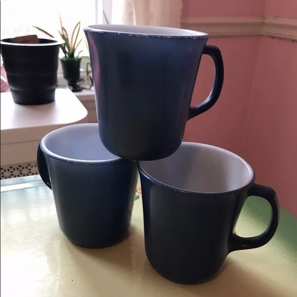 3 Vintage Pyrex Coffee Mugs Cups D-Handle Blue Slate Milk Glass. - Picture 1 of 4